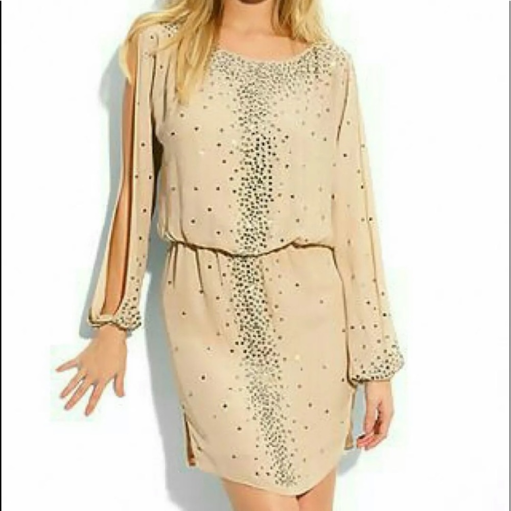 HAUTE HIPPIE Long Slit Balloon Sleeve Blouson Elastic Waist Fully Studded DressS